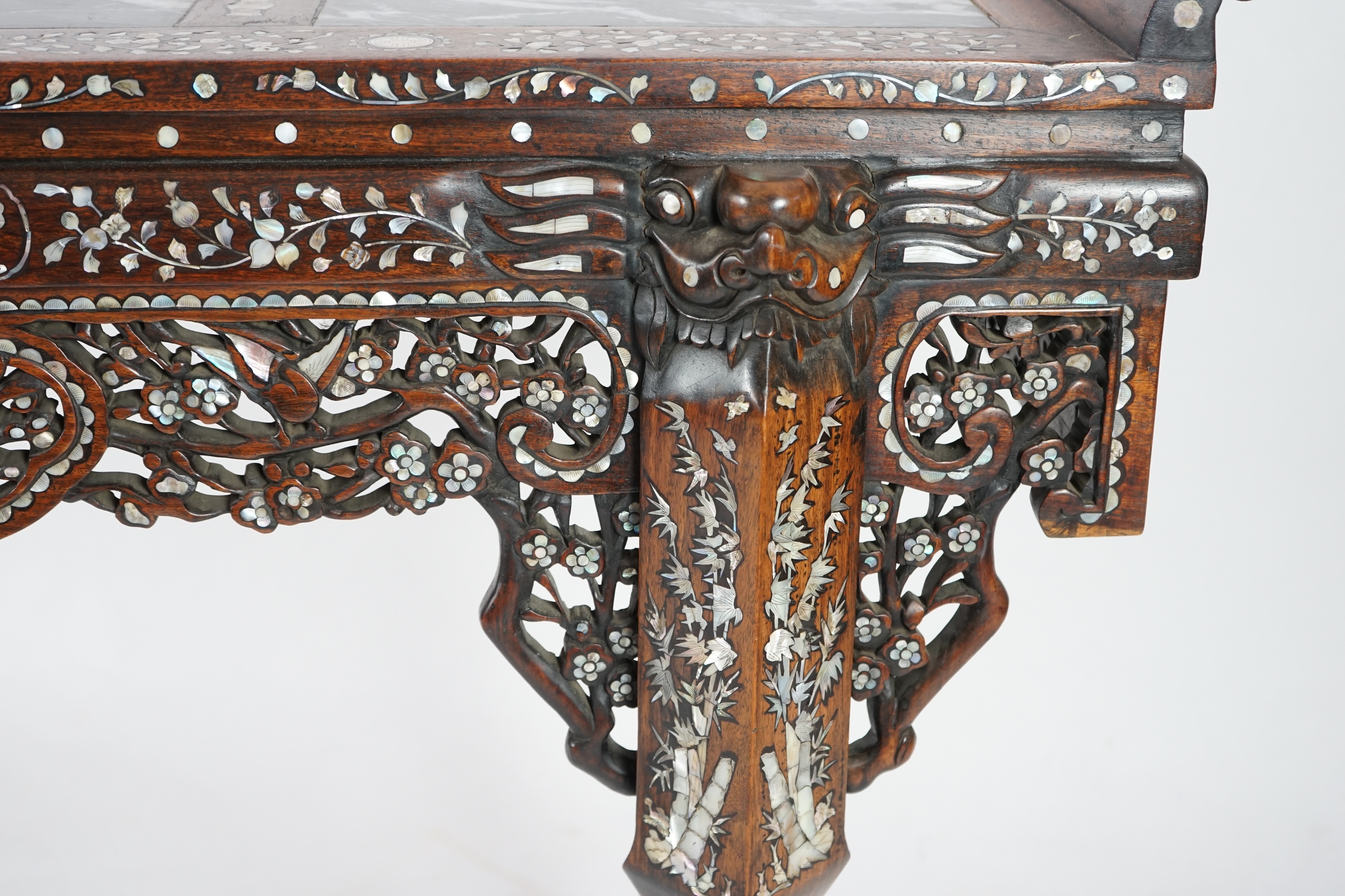 A good Chinese mother-of-pearl inlaid and marble topped hongmu altar table, late 19th/early 20th century